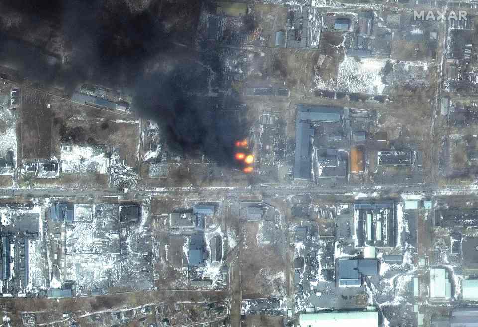 Satellite image of fires in an industrial area of Mariupol, Ukraine.