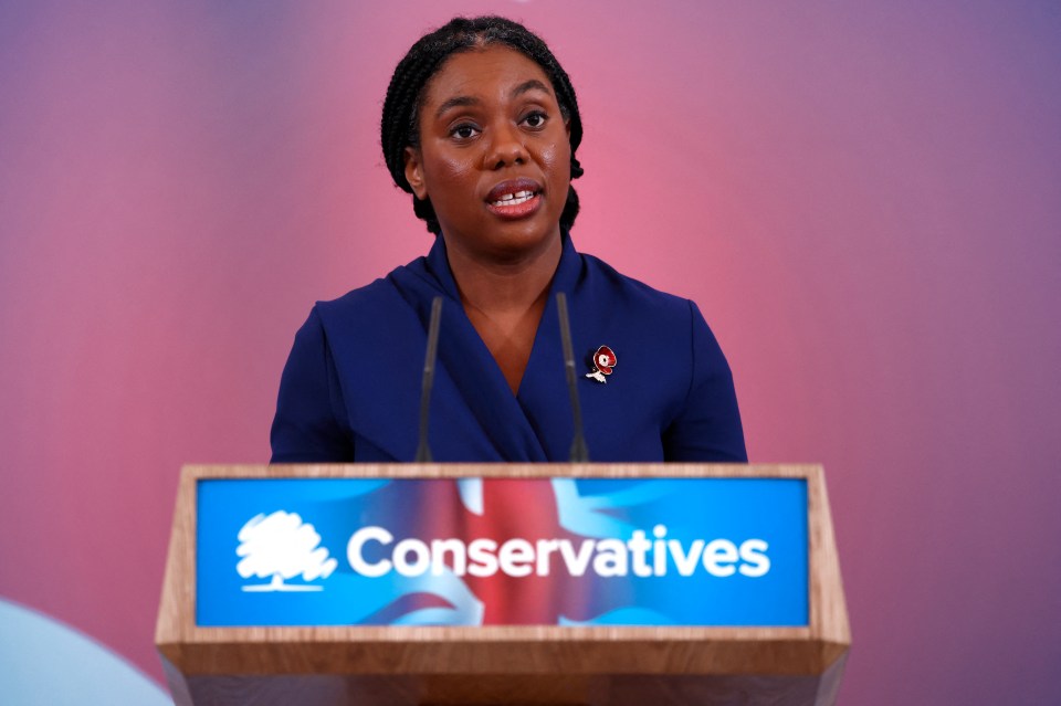 Kemi Badenoch, new leader of the UK's Conservative Party, speaking at a podium.