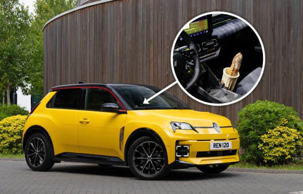 Yellow Renault 5 electric car with optional baguette holder.