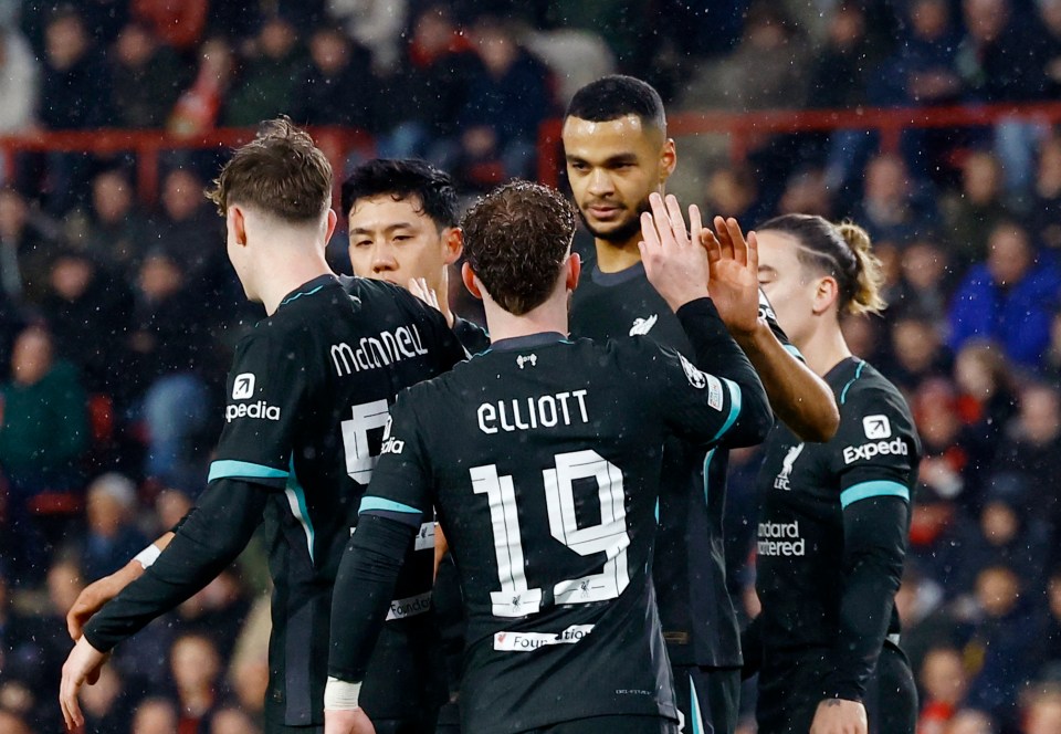 Liverpool players celebrating a goal.