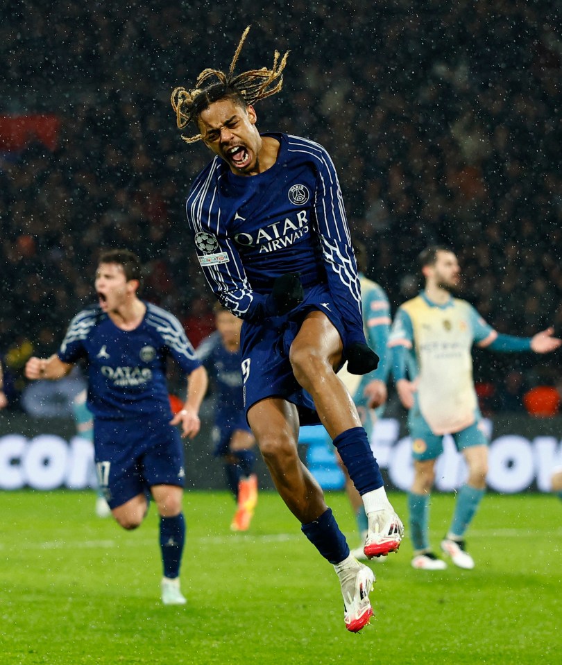 Bradley Barcola of Paris St Germain celebrating a goal.