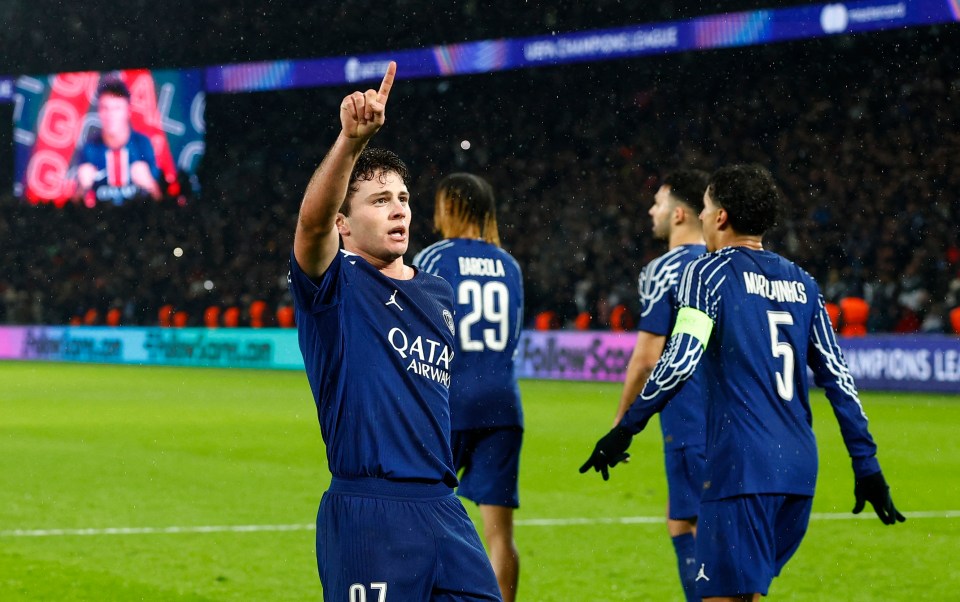 Joao Neves of Paris St Germain celebrates scoring a goal.