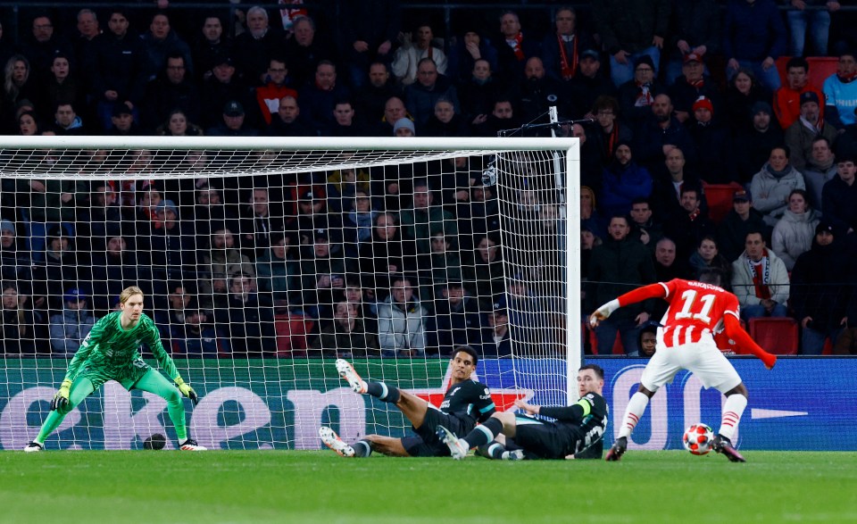 Johan Bakayoko of PSV Eindhoven scoring a goal.