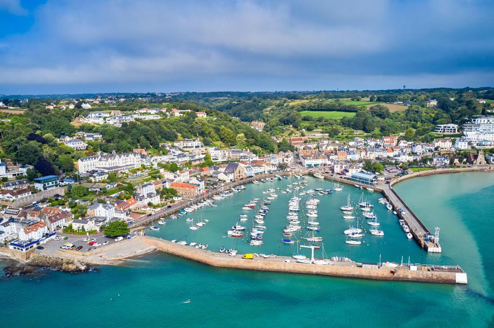Aerial view of St Aubin's Harbour and Village, Jersey.