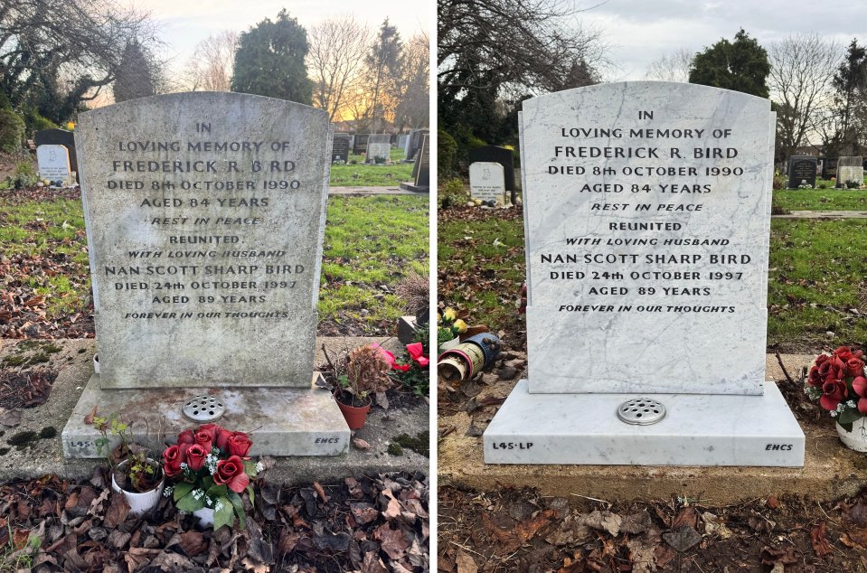 Before and after photos of a cleaned headstone.