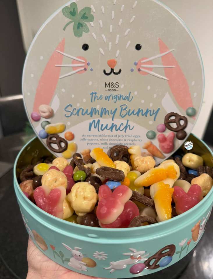 M&S Scrummy Bunny Munch tin filled with Easter-themed candy and snacks.