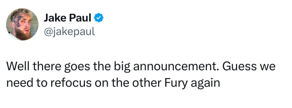 Jake Paul's tweet announcing a change of plans.