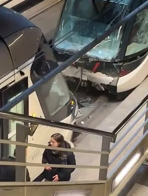 Two trams collided at a station.