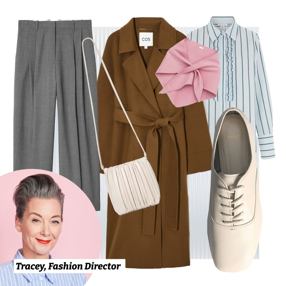 Tracey, Fashion Director's outfit: gray trousers, brown coat, pink scarf, striped shirt, and cream shoes.