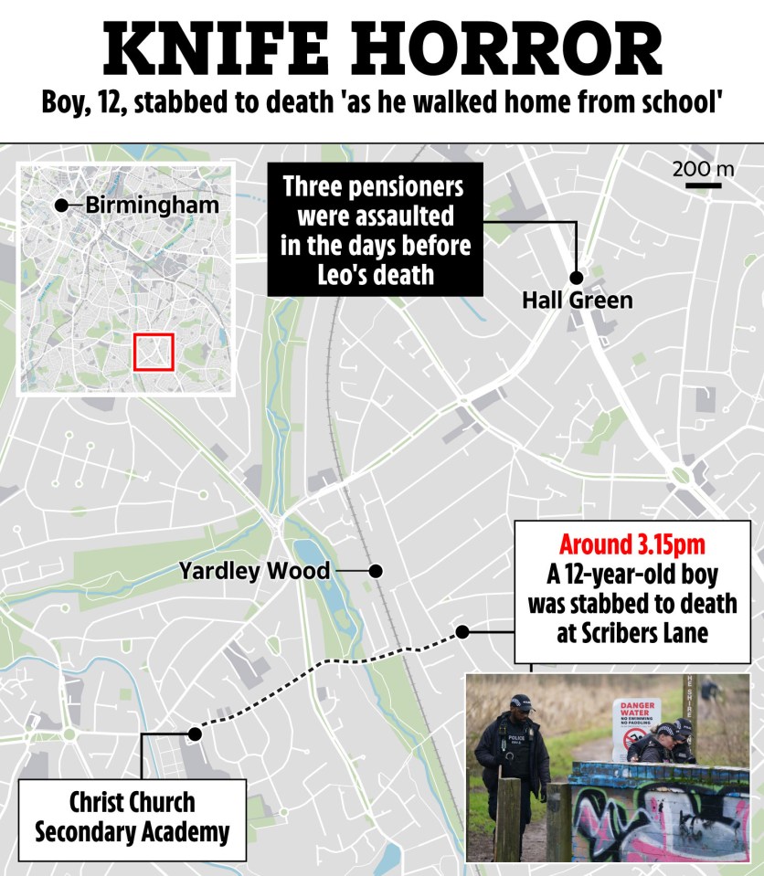 Map showing the route a 12-year-old boy walked home from school before he was stabbed to death.