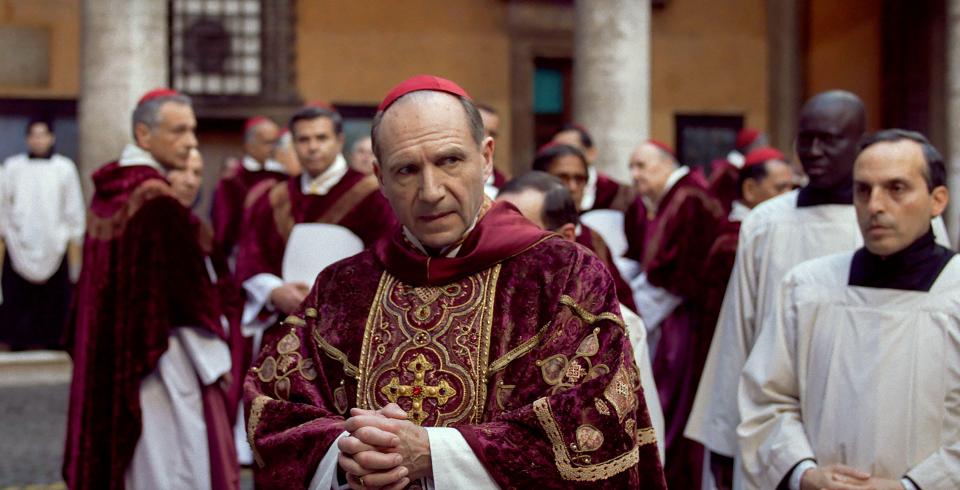Still from the film *Conclave 2024*, showing Ralph Fiennes as a cardinal.