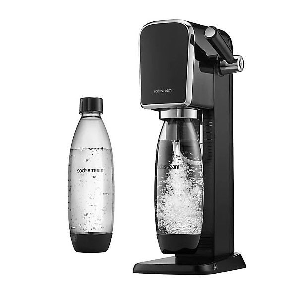 Black SodaStream sparkling water maker with bottle.