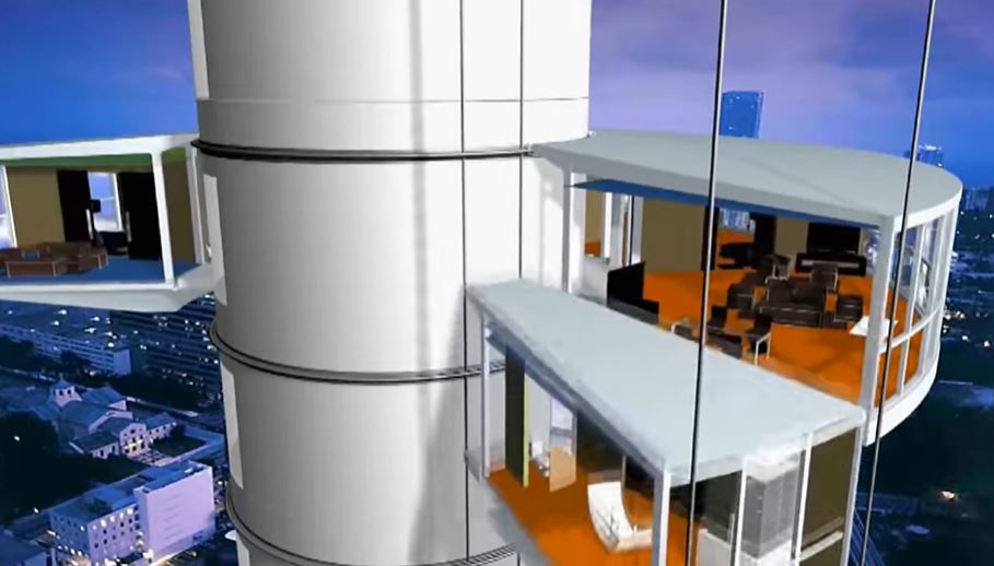 Artist's rendering of a rotating skyscraper with independently rotating floors.