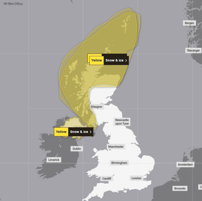 Met Office yellow weather warning for snow and ice in northern Scotland.