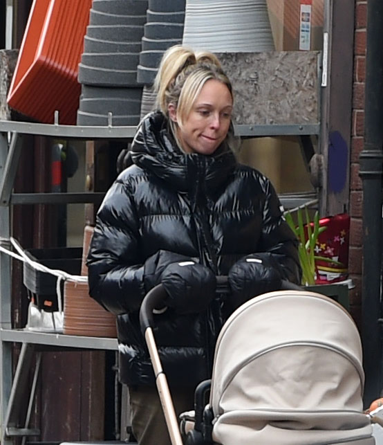 A mother pushing a baby stroller.