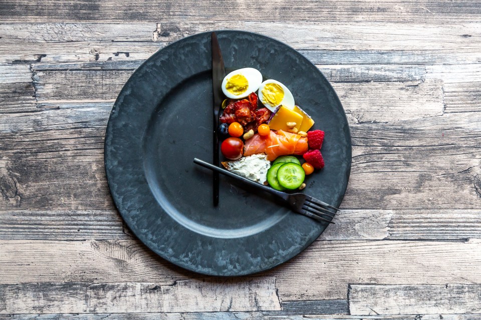 Intermittent fasting meal arranged on a plate like a clock.