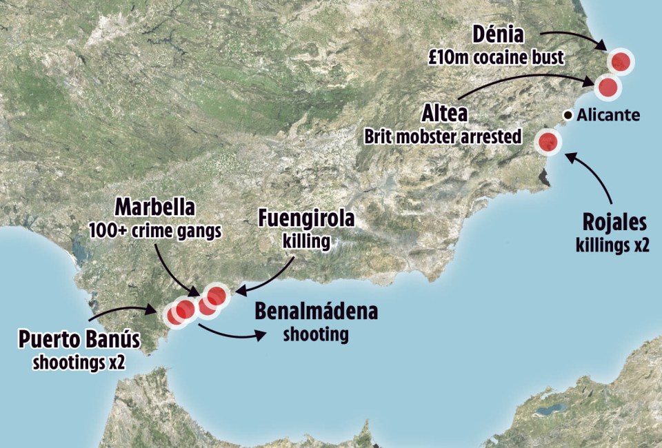 Map of Spain showing locations of crime incidents.