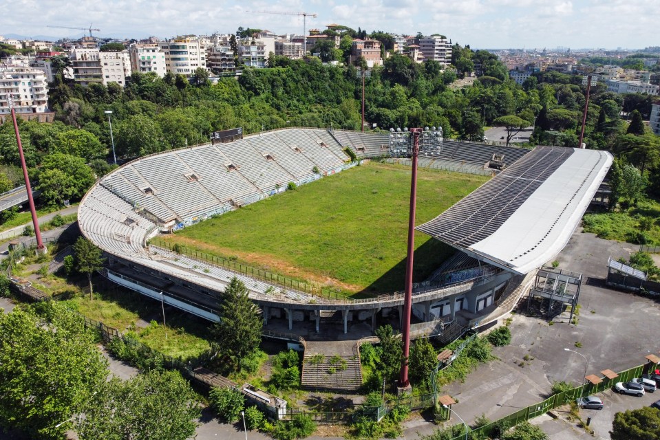 Aerial view of the abandoned Flaminio Stadium in Rome.