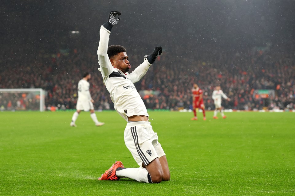 Amad Diallo of Manchester United celebrates scoring a goal.