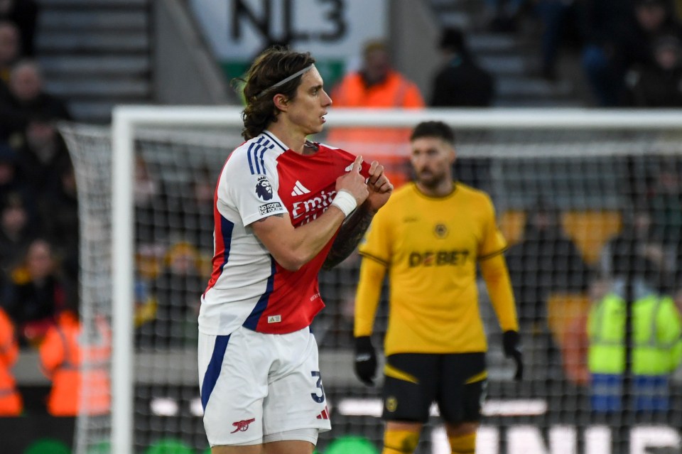 Riccardo Calafiori of Arsenal celebrates scoring a goal.