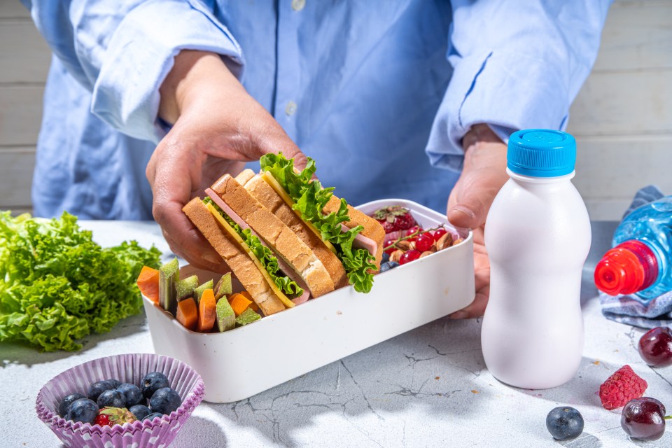 Hands packing a healthy school lunch box with sandwiches, fruits, vegetables, and yogurt.