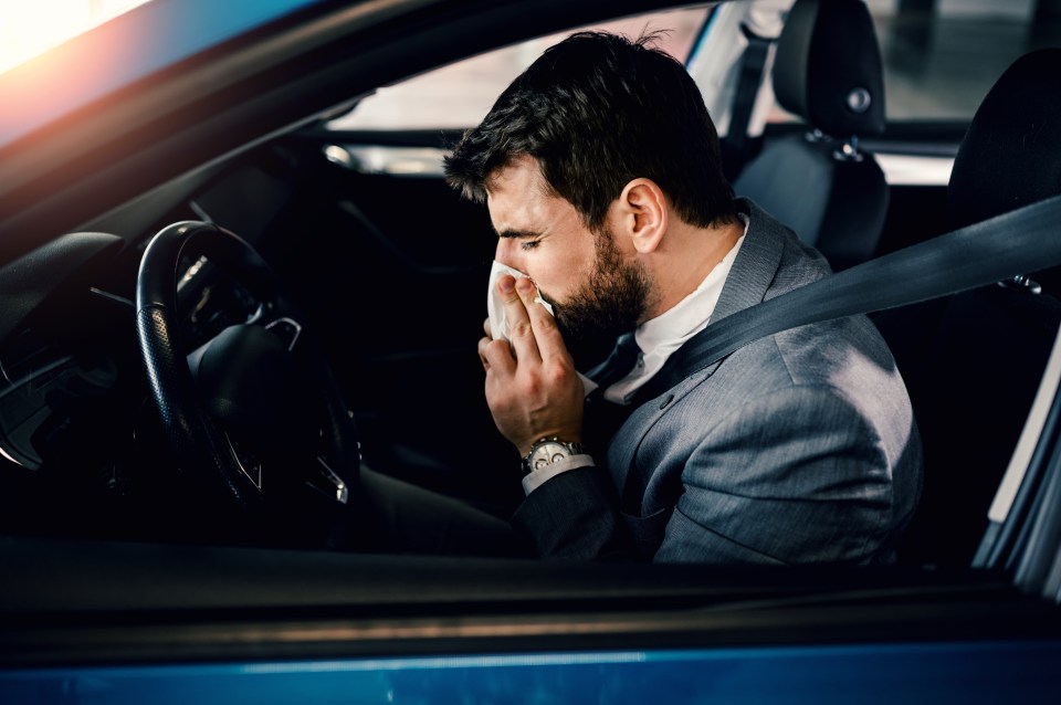 Businessman blowing his nose in a car.
