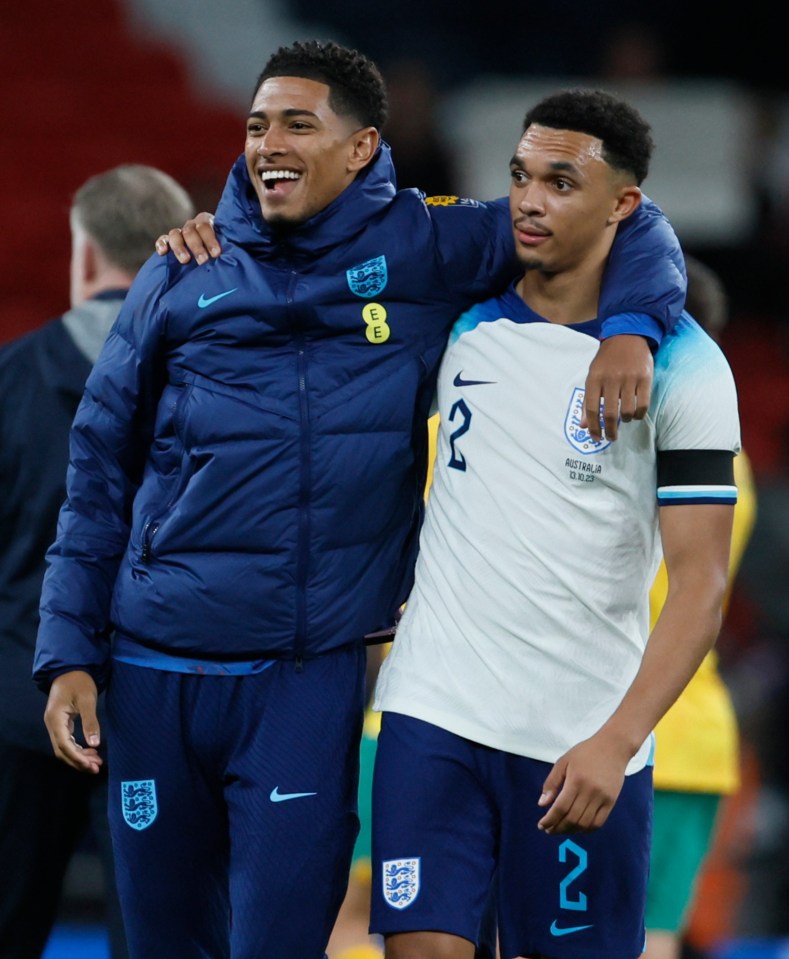 Jude Bellingham and Trent Alexander-Arnold of England's national team celebrating after a match.