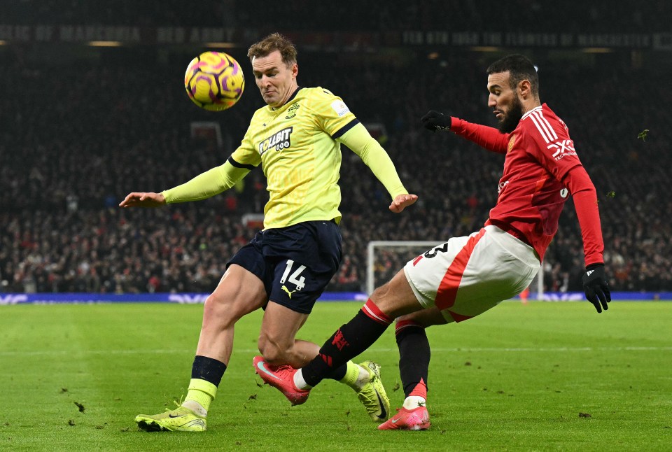 Manchester United's Mazraoui clearing the ball from Southampton's Bree.