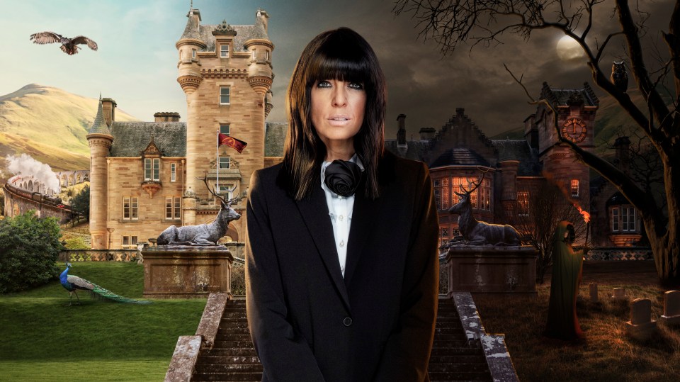Claudia Winkleman, presenter of The Traitors, standing before a split image of a castle, one side day, one side night.