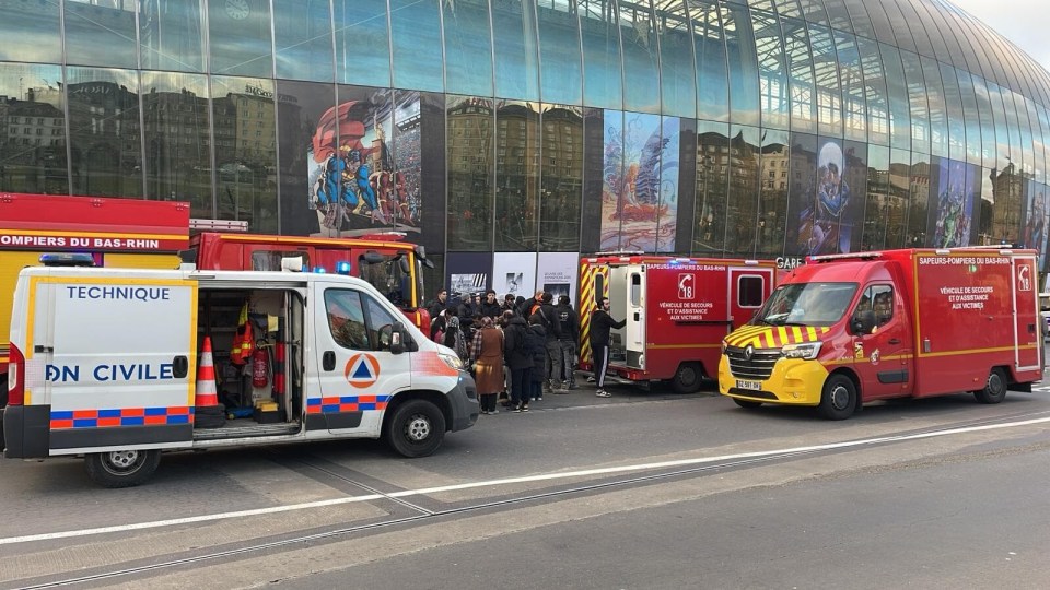 Emergency vehicles at the scene of a tram collision in Strasbourg.