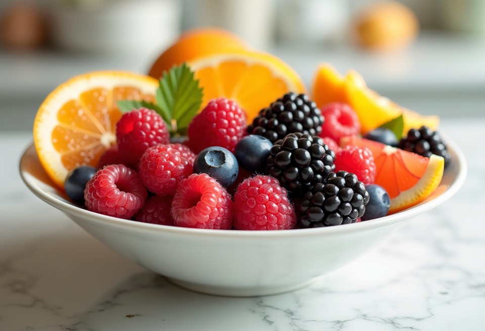 Bowl of raspberries, blackberries, blueberries, and orange slices.