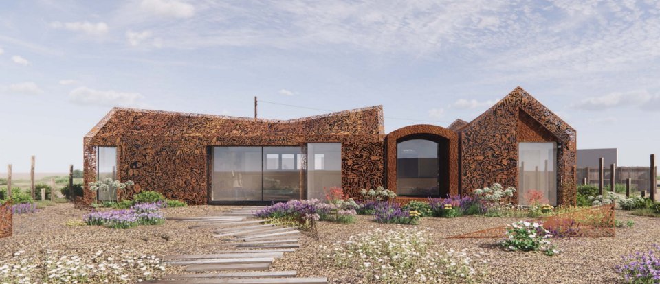 Computer-generated image of a laser-cut, rusted metal house.