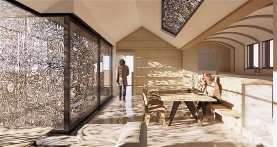 Computer-generated image of a house interior with laser-cut doodle designs on the walls.