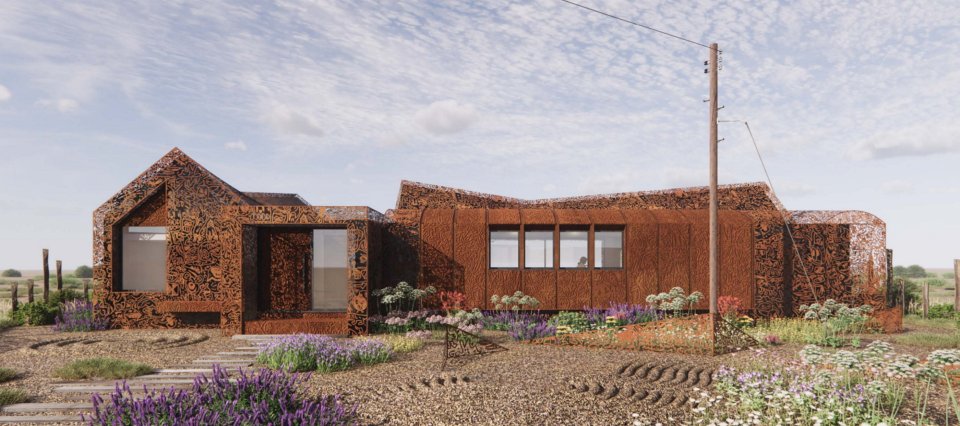 Computer-generated image of a house with a laser-cut, rusted metal exterior.