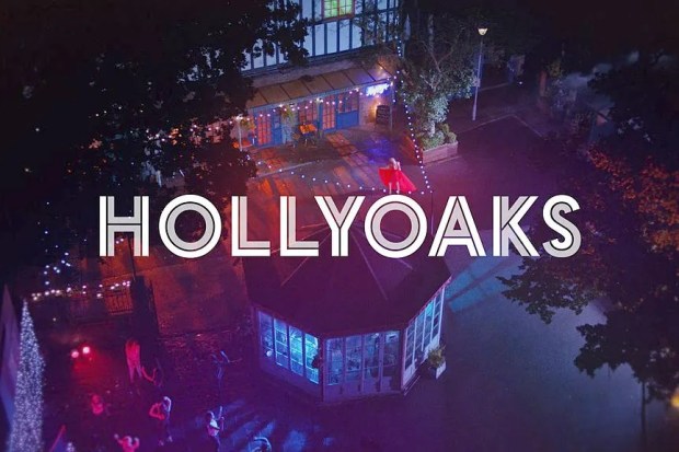 Hollyoaks logo with nighttime scene.