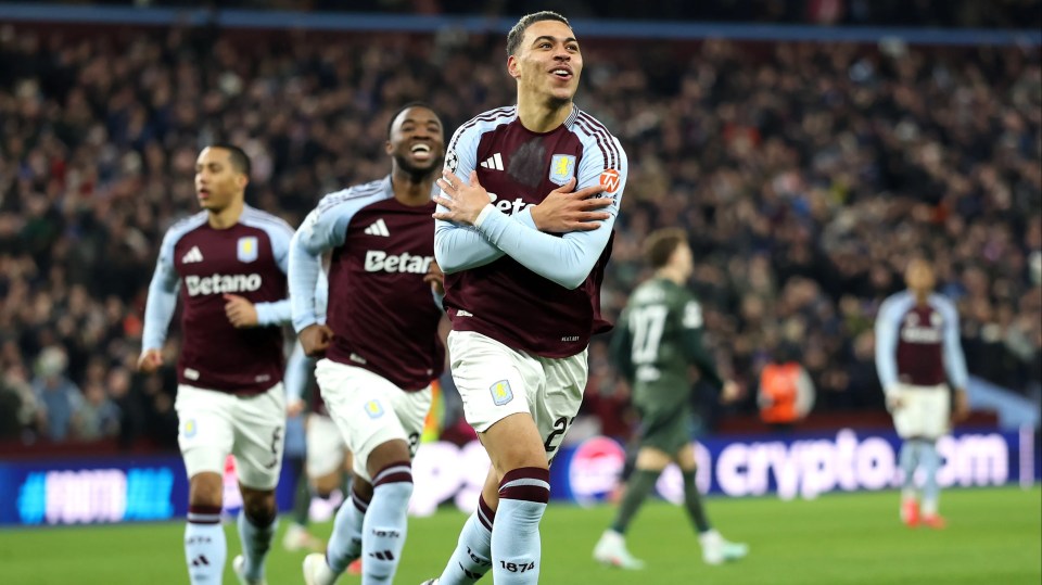 Aston Villa's Morgan Rogers celebrates scoring a goal.