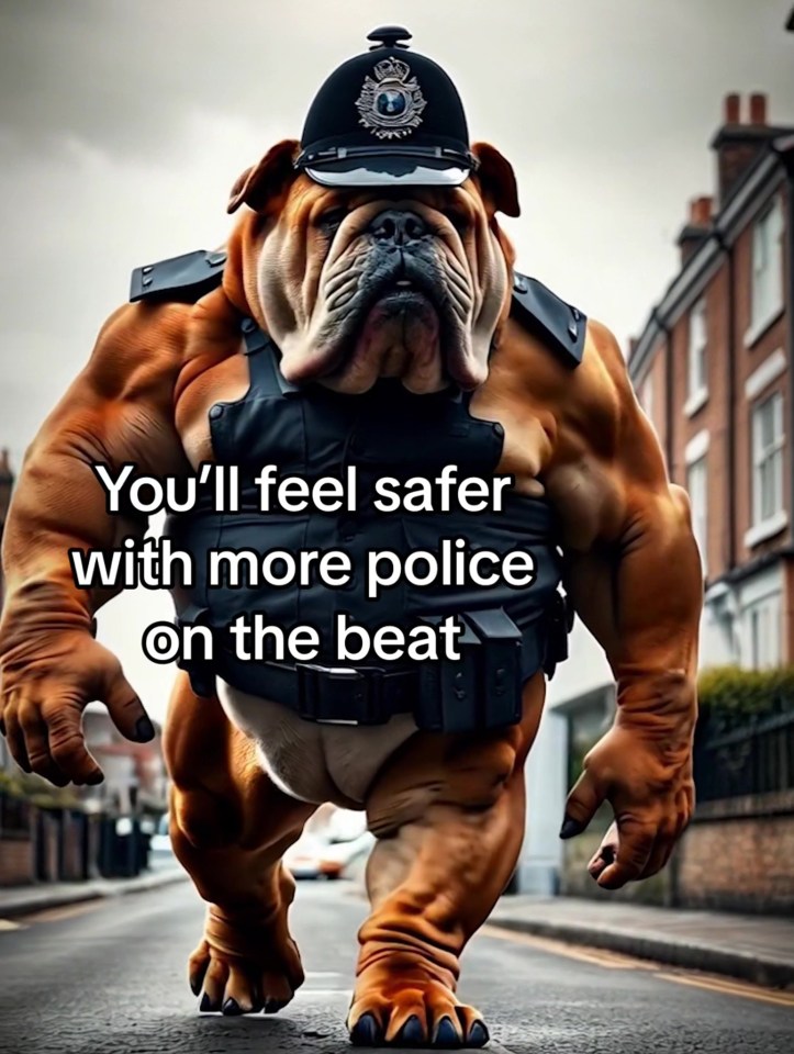 Muscular bulldog in a police uniform: "You'll feel safer with more police on the beat."