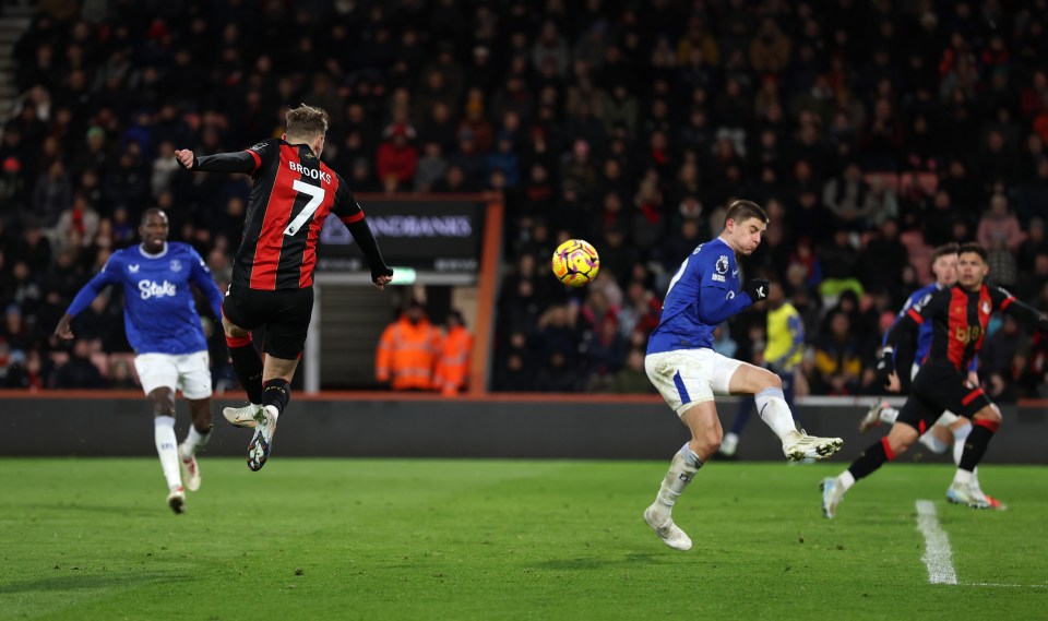 David Brooks of AFC Bournemouth scores a goal against Everton FC.