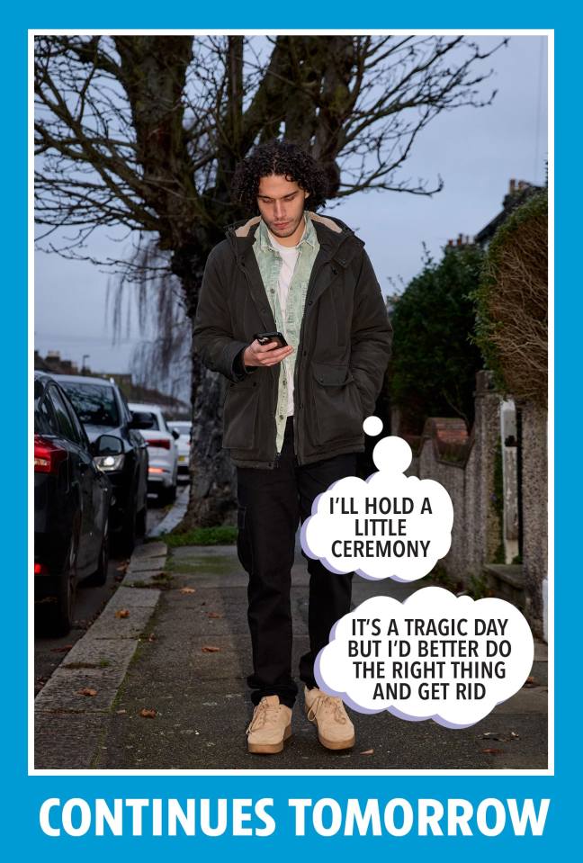 Man walking down a street, looking at his phone, thought bubbles indicate he's deciding whether to hold a ceremony.