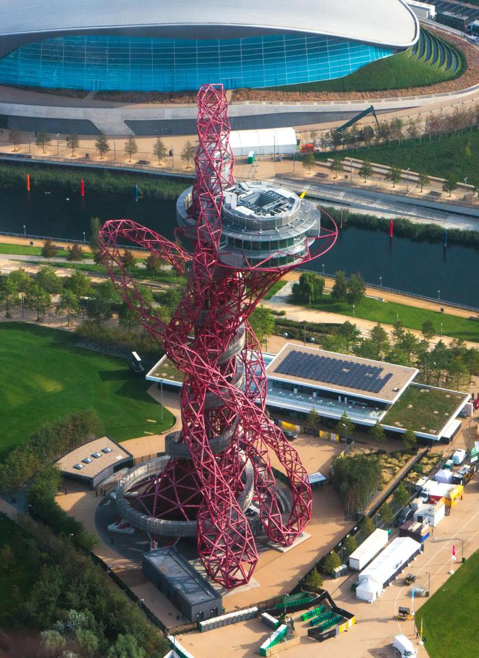 Aerial view of the ArcelorMittal Orbit sculpture at the Queen Elizabeth Olympic Park.