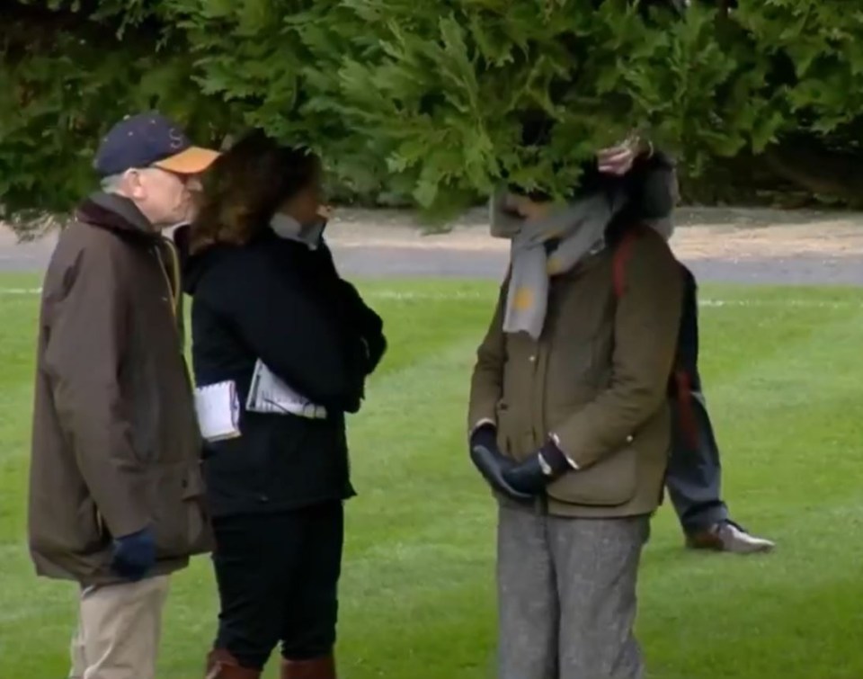 Three people standing on a lawn under a tree.