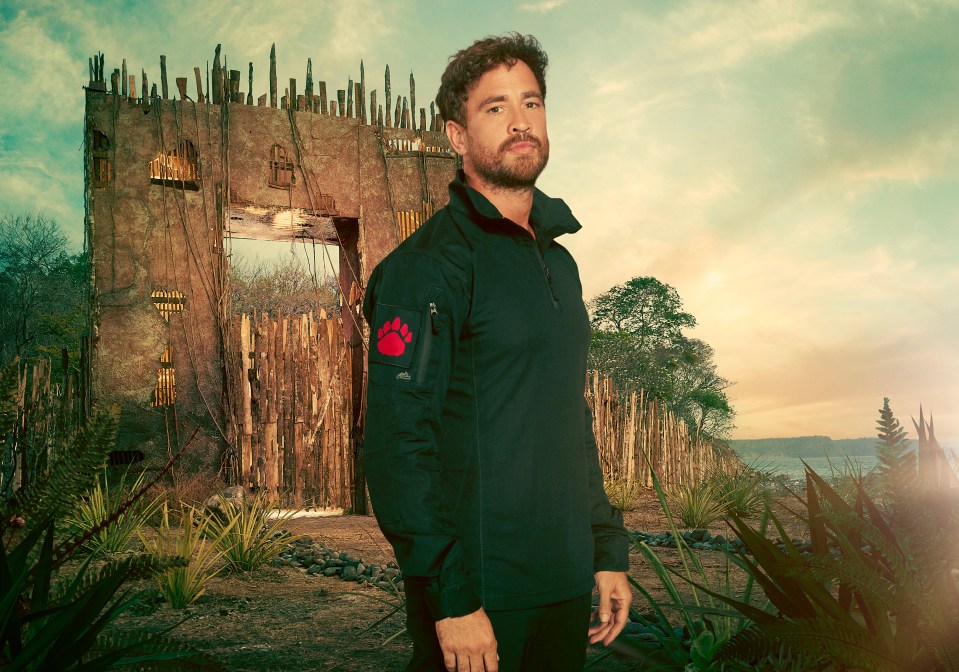 Danny Cipriani in front of a rustic gate, participating in a celebrity bear hunt.