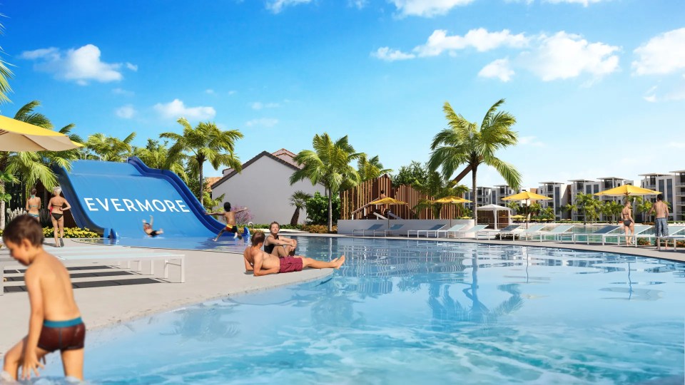 Evermore resort pool with waterslide.