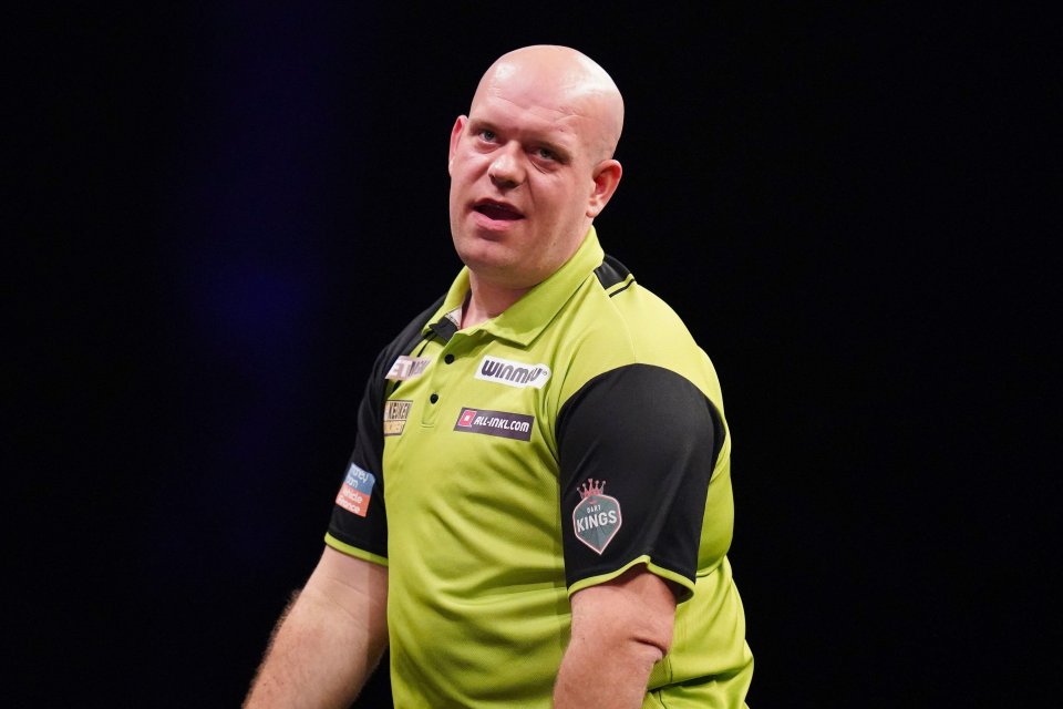 Michael van Gerwen at the 2024 BetMGM Premier League Darts Play-Offs.