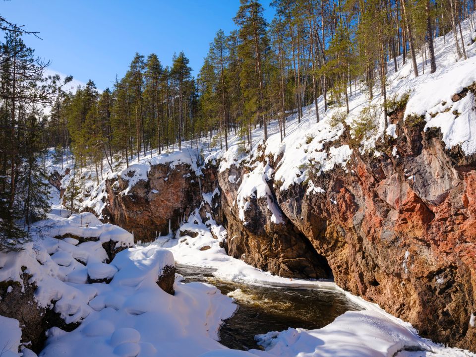 Snowy river canyon in Oulanka National Park, Finland.
