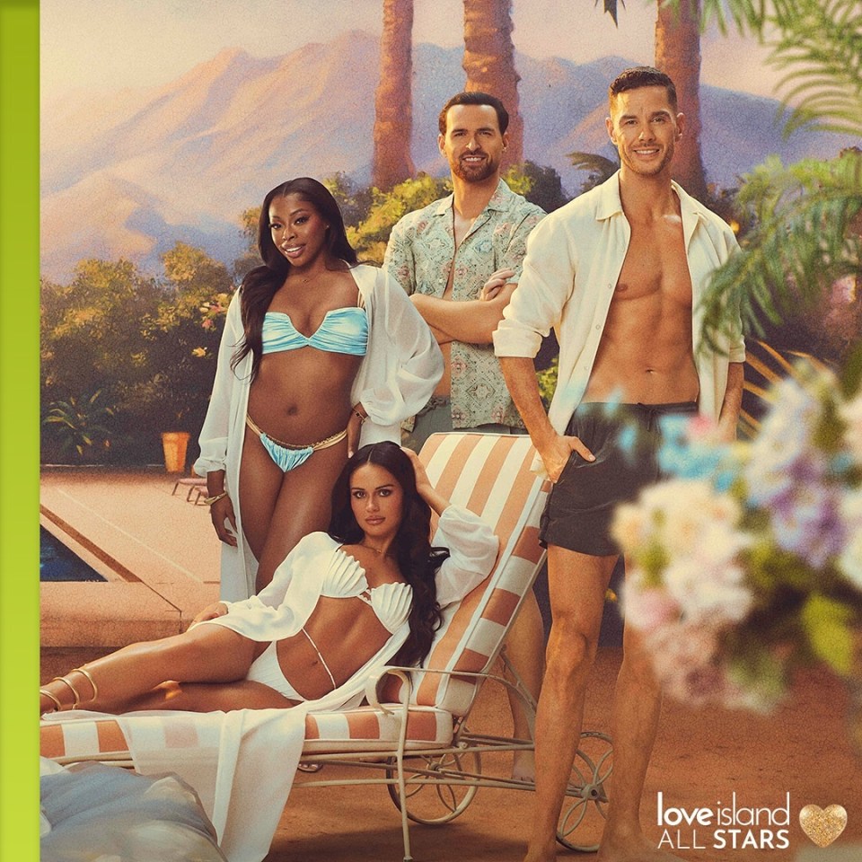 Promotional image for Love Island All Stars featuring Catherine Agbaje, Ronnie Vint, Scott Thomas, and Olivia Hawkins.
