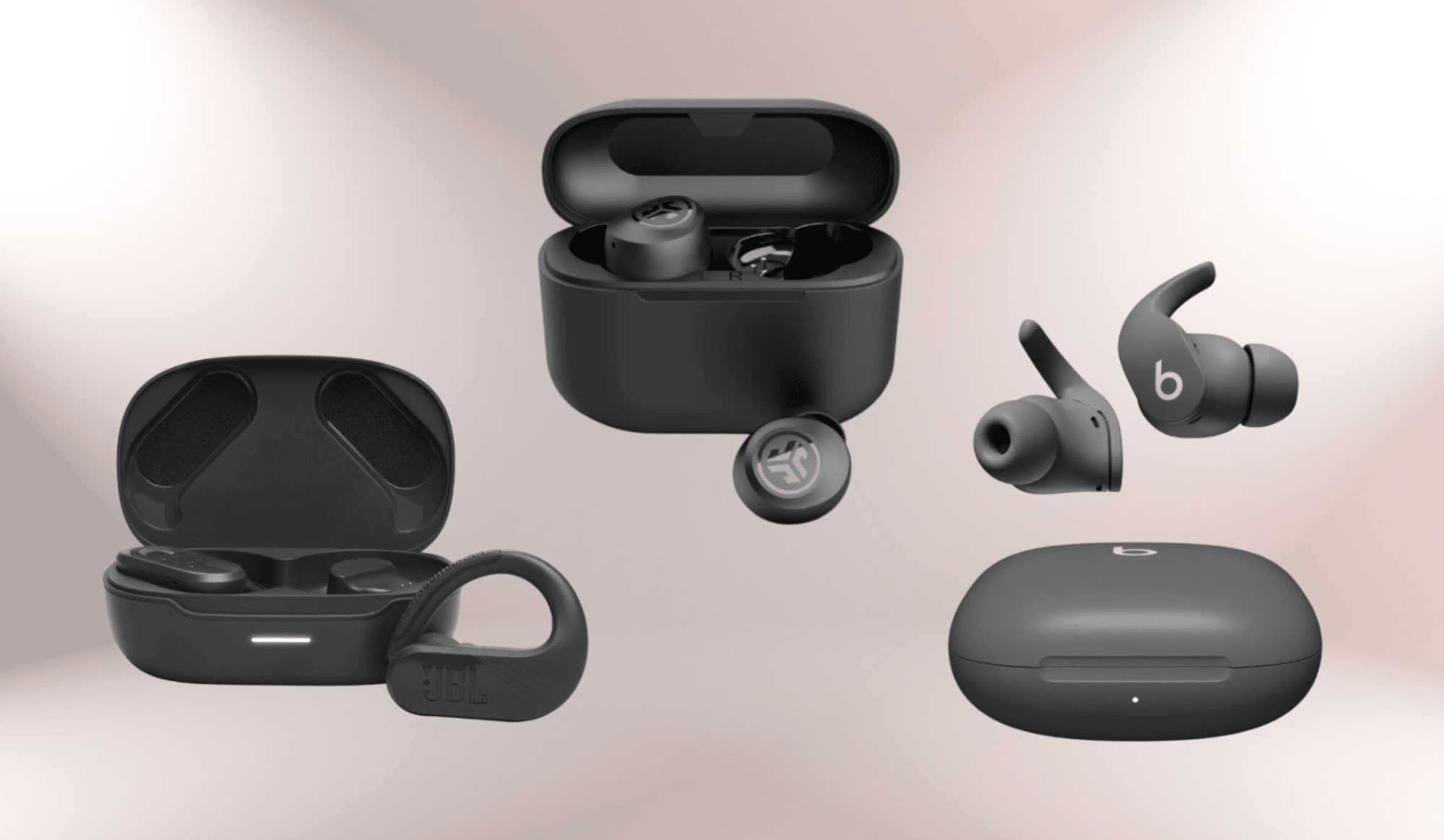 Illustration of three different brands of wireless earbuds with their charging cases.