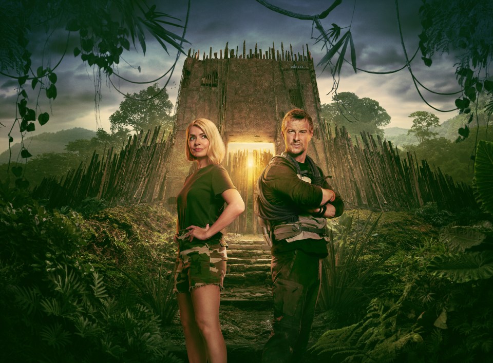 Holly Willoughby and Bear Grylls in a jungle setting.