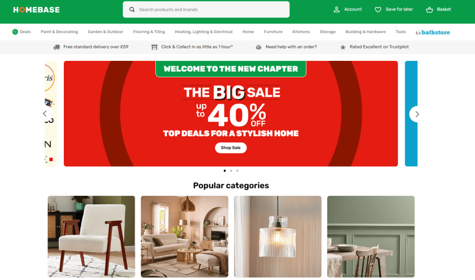 Homebase website homepage showing a sale banner and popular categories.