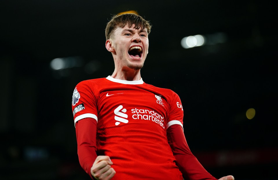 Conor Bradley celebrates after assisting Liverpool's third goal.